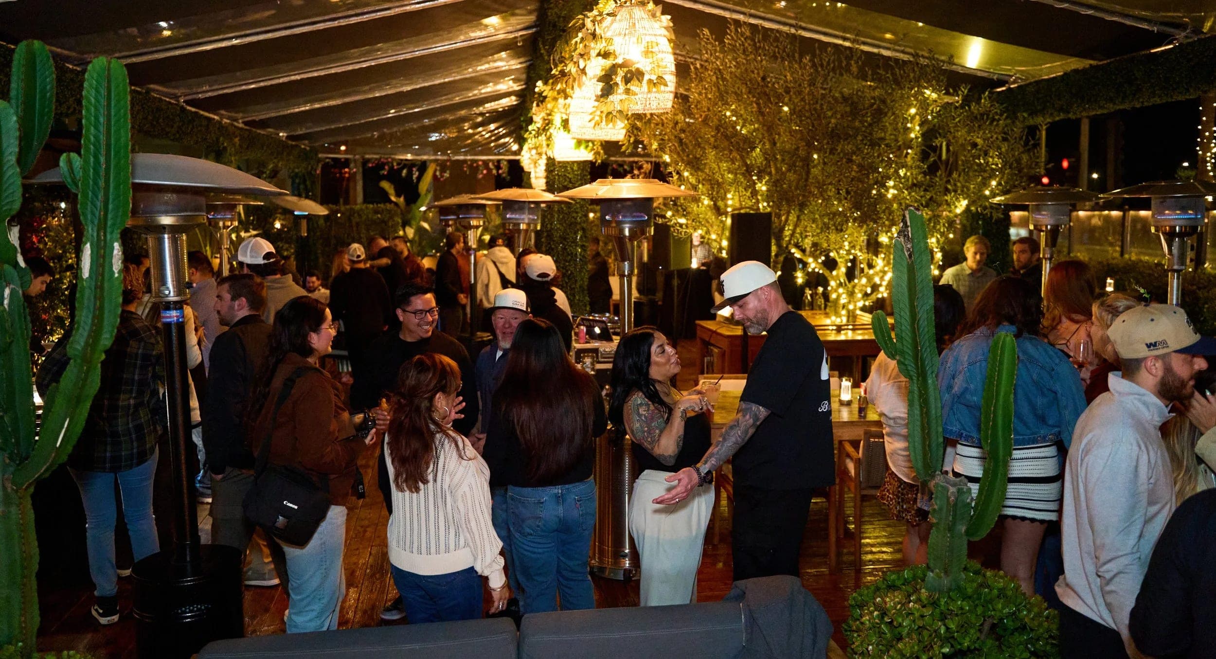 Guests standing among tall cacti in the lit garden room before a private dinner