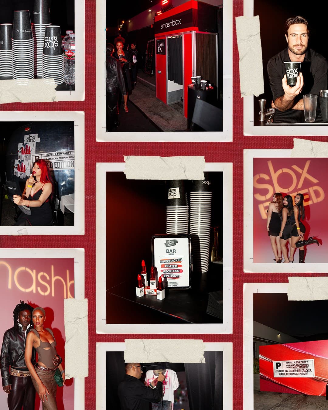 A Smashbox “SBX Rated” collage: taped polaroids of the red bar, the photo booth, the neon sign and guests through the night.