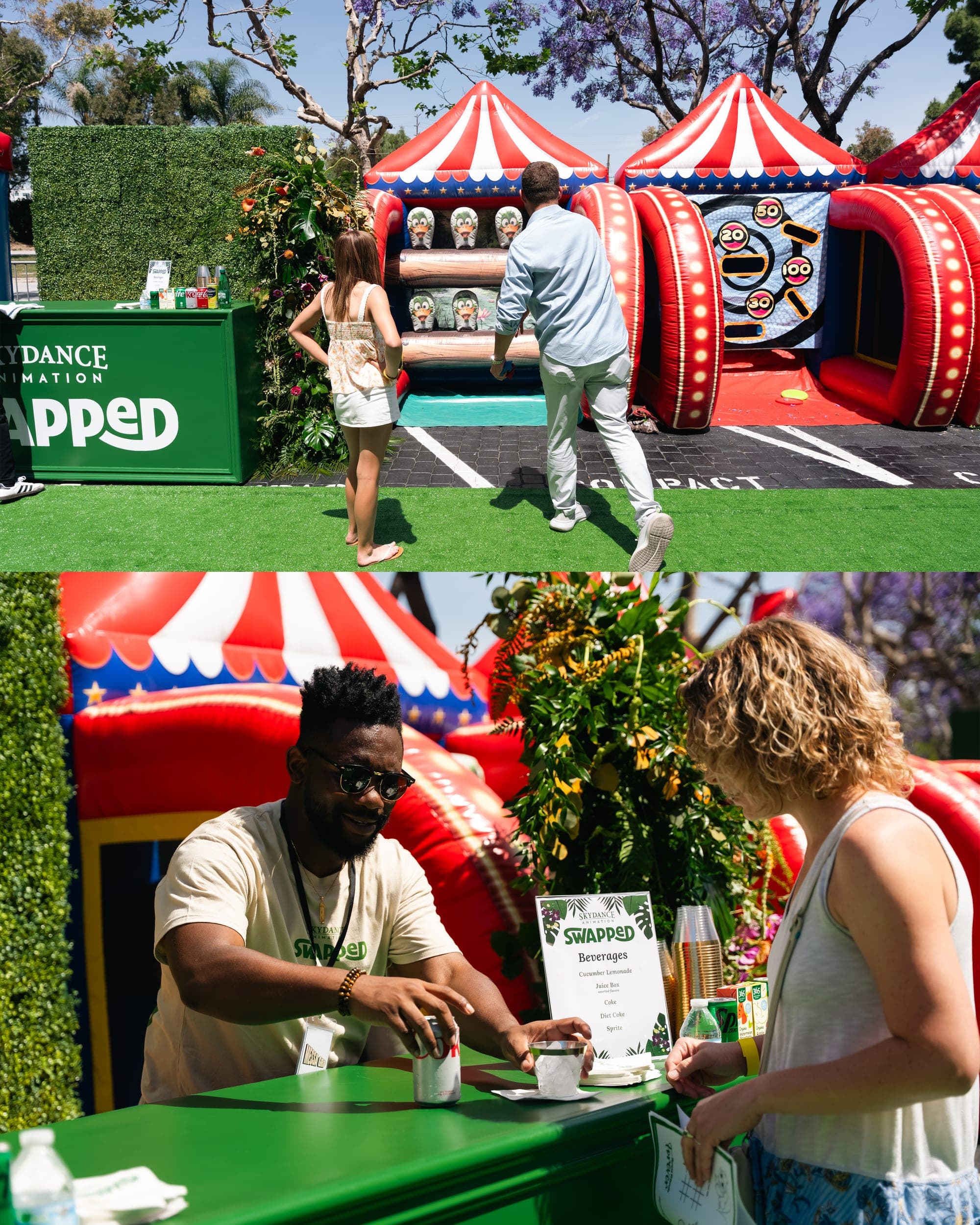 A Swapped premiere card: guests at the inflatable carnival games and the branded drinks stand on the lawn.