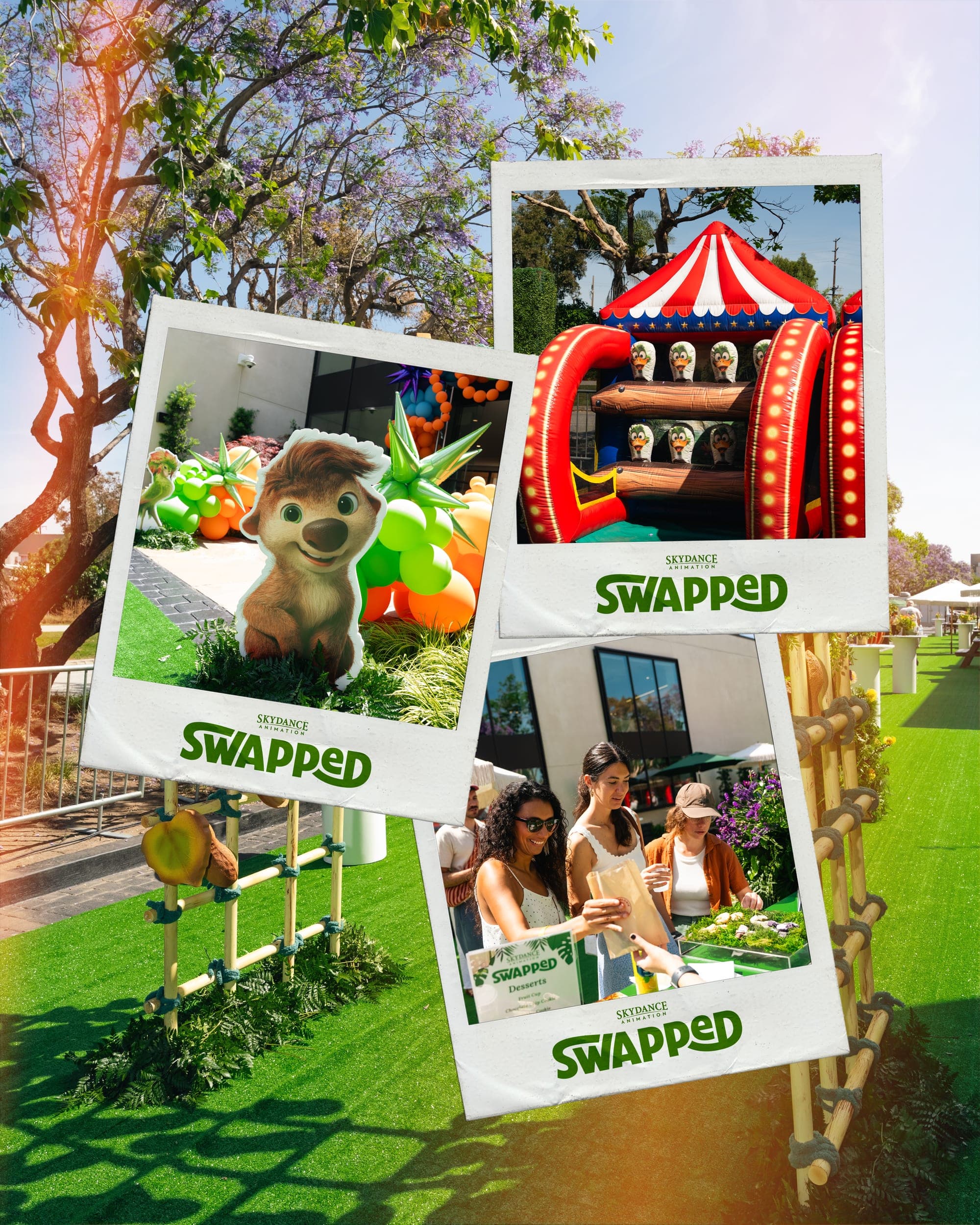 A Swapped premiere card: three polaroids of the Skydance Animation activation — the character cut-out, the carnival games and the dessert stand.