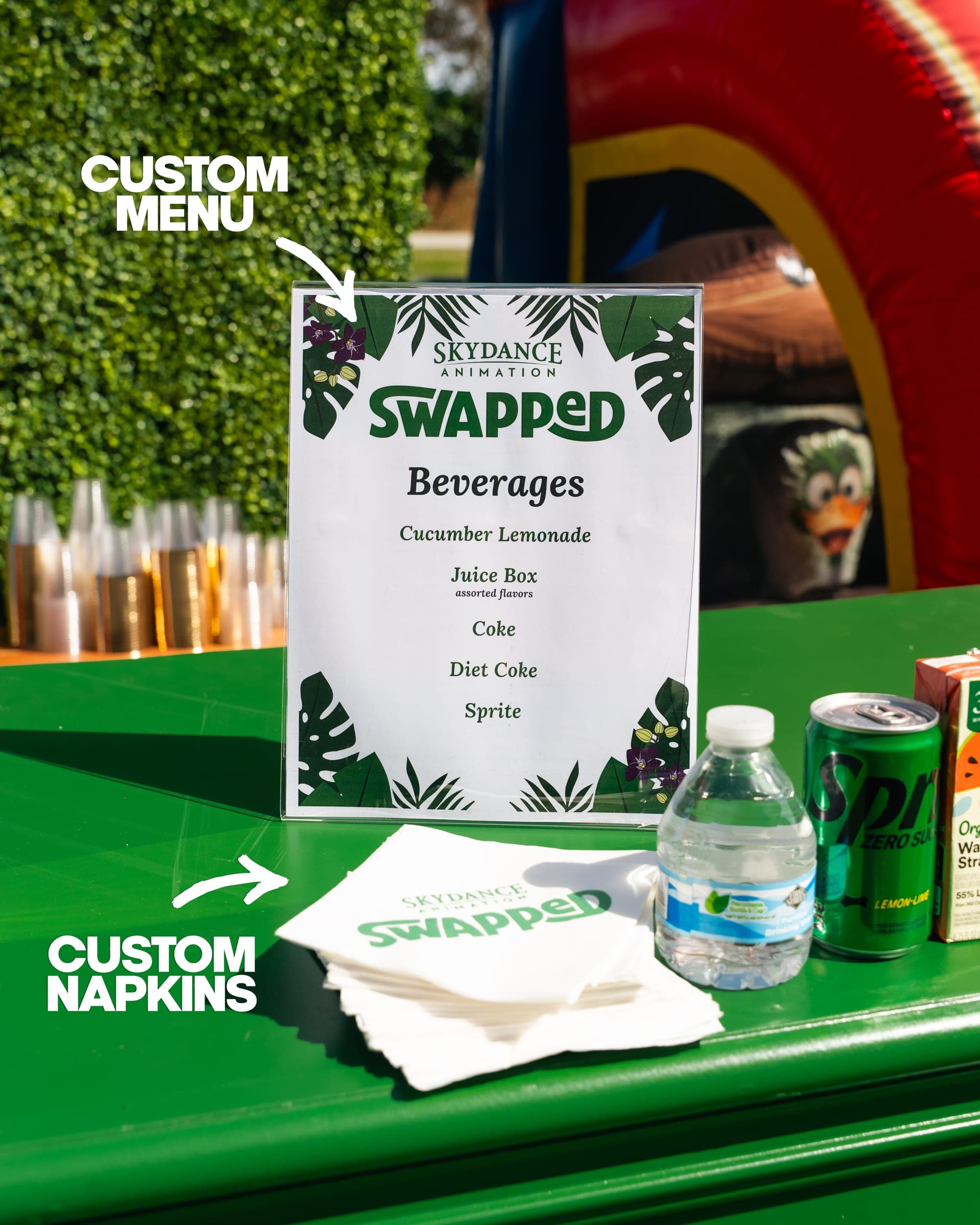 A Swapped premiere card showing the printed food and drink menus.