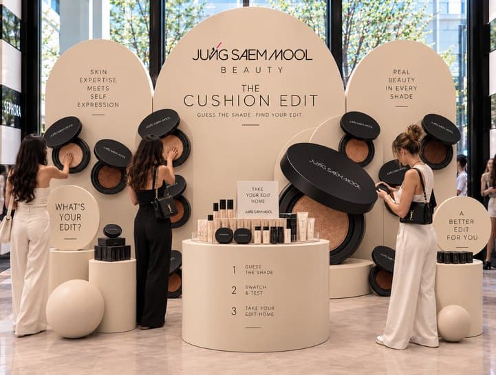 A Jung Saem Mool Beauty “Cushion Edit” booth: arched panels, a round product counter and guests testing shades.