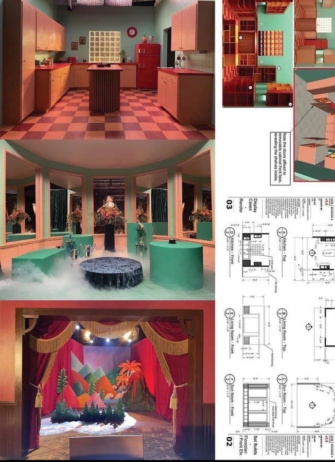Set design renderings of a tiled teal-and-coral interior, beside the construction drawings for it.
