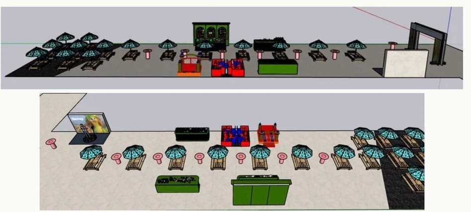 A 3D layout of an outdoor activation floor, with branded booths, umbrellas and lounge seating placed to scale.