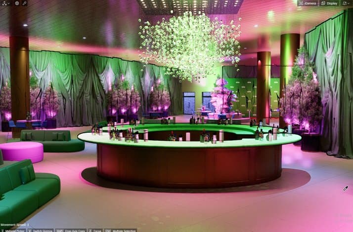 A rendering of a circular bar beneath a hanging floral chandelier.