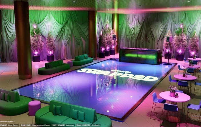 A rendering of a green-draped lounge around a lit dance floor, with pink lighting and round tables.