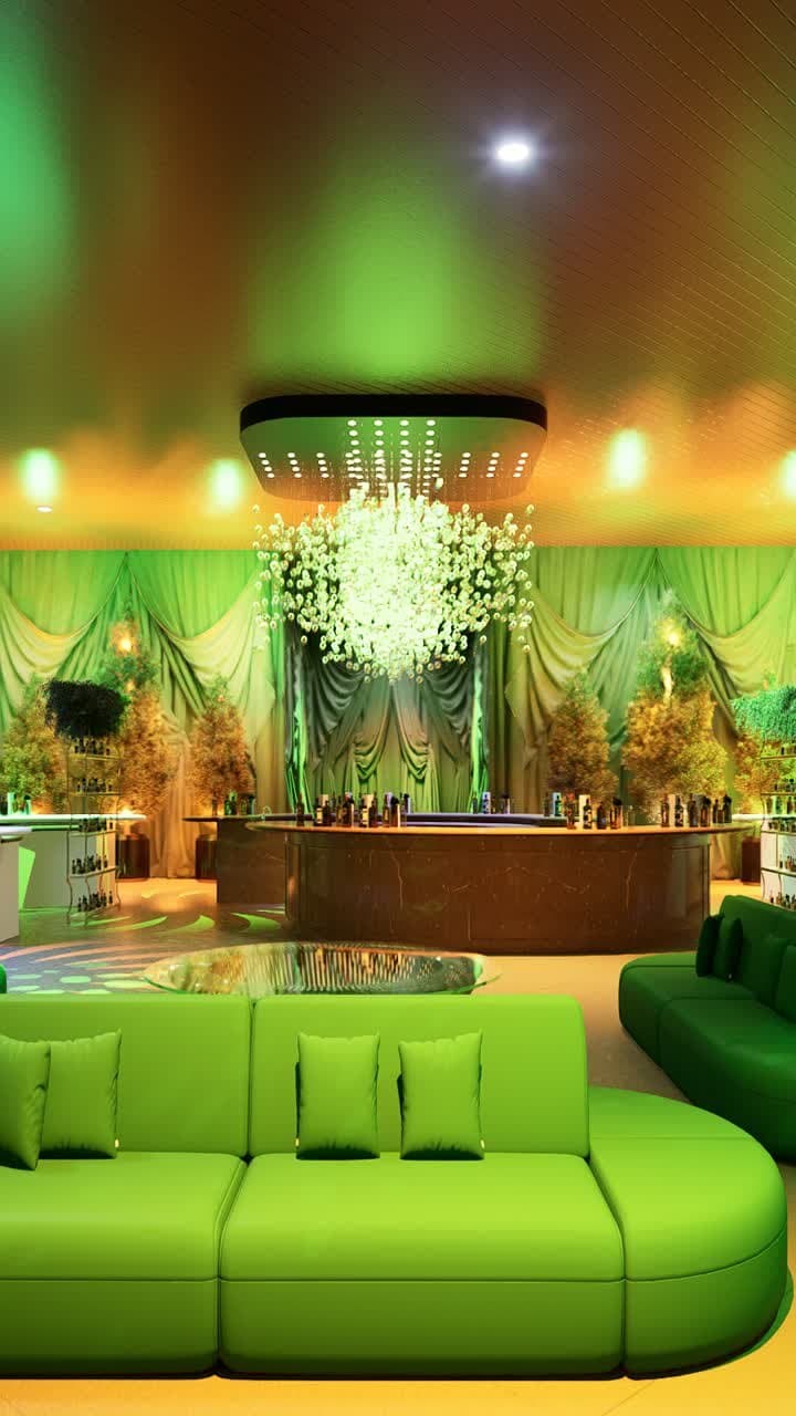 A rendering of a lime-green sofa beneath a floral chandelier.