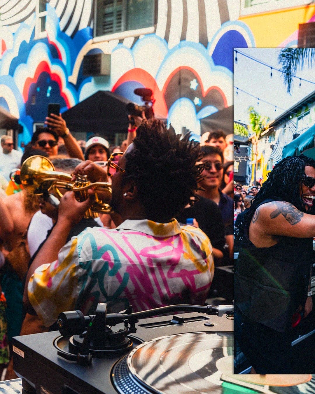 A Sunset Splash card: a trumpet player soloing over the crowd beside the DJ booth.
