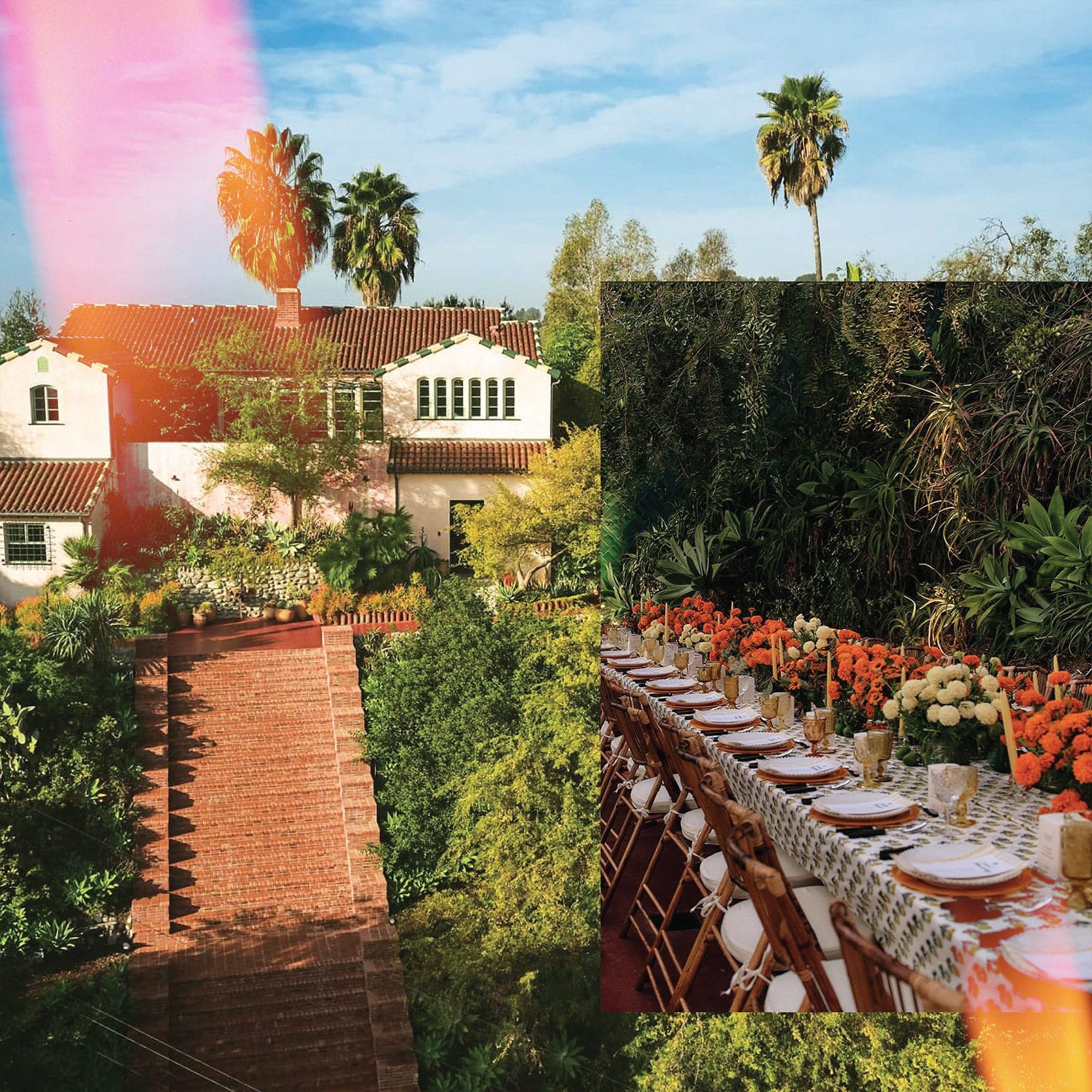 A Flamingo Estate card: the tiled roof and gardens of the estate above, with the long marigold tablescape set for dinner.