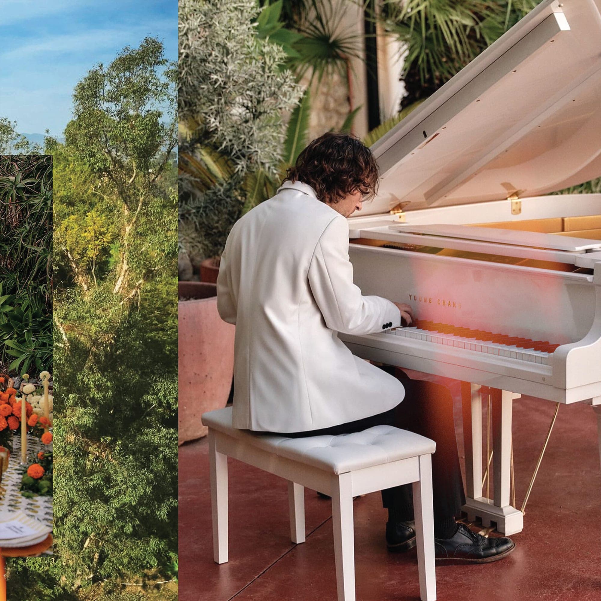 A Flamingo Estate card: a pianist at a white grand piano on the terrace, beside the eucalyptus canopy over the grounds.