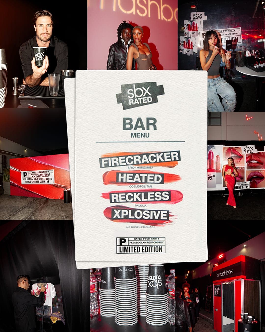 A Smashbox “SBX Rated” activation collage: the bar menu of four lipstick-named cocktails, guests at the lipstick bar and the red photo booth.